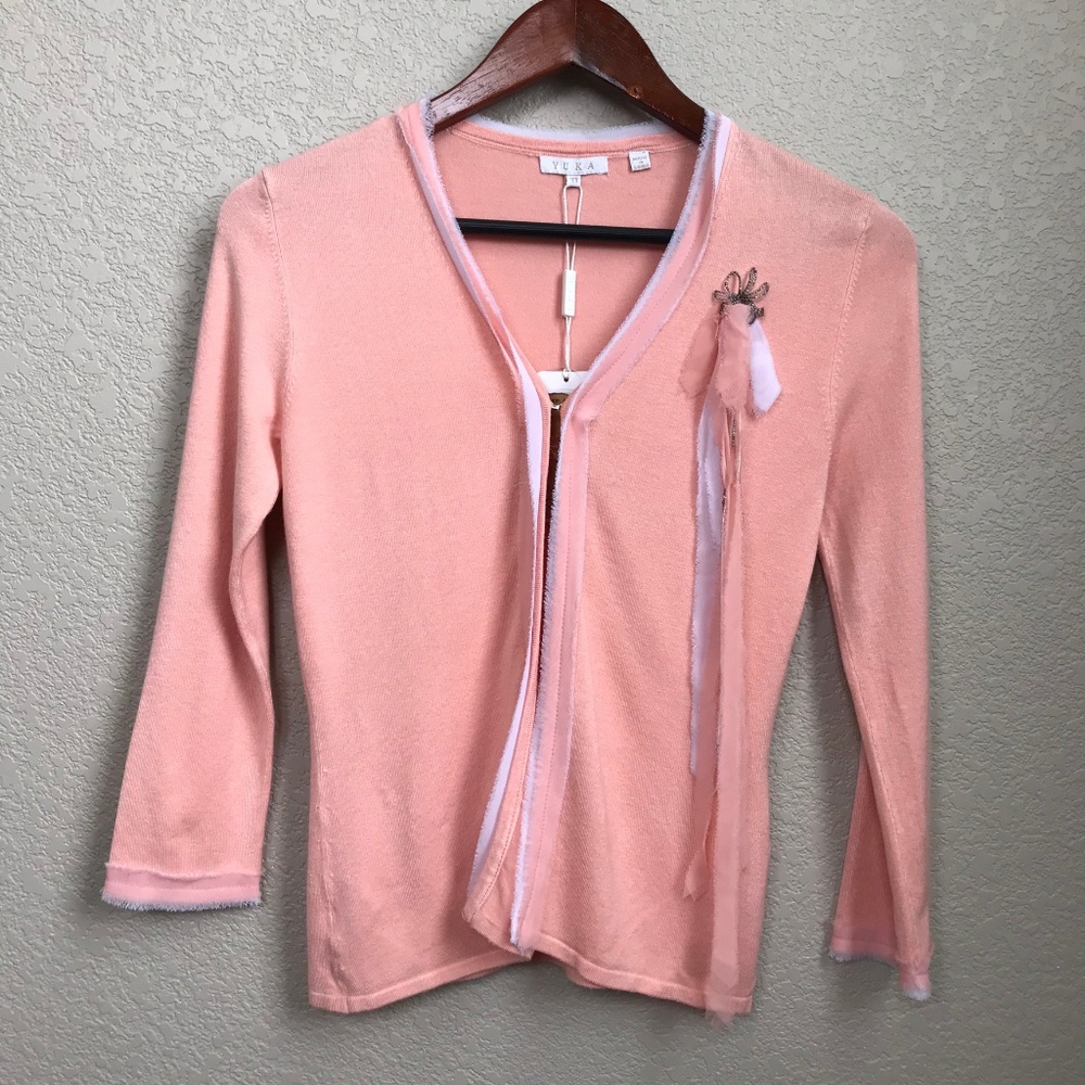 NWT Yuka Peach Knit Cardigan Chiffon Ribbon Trim